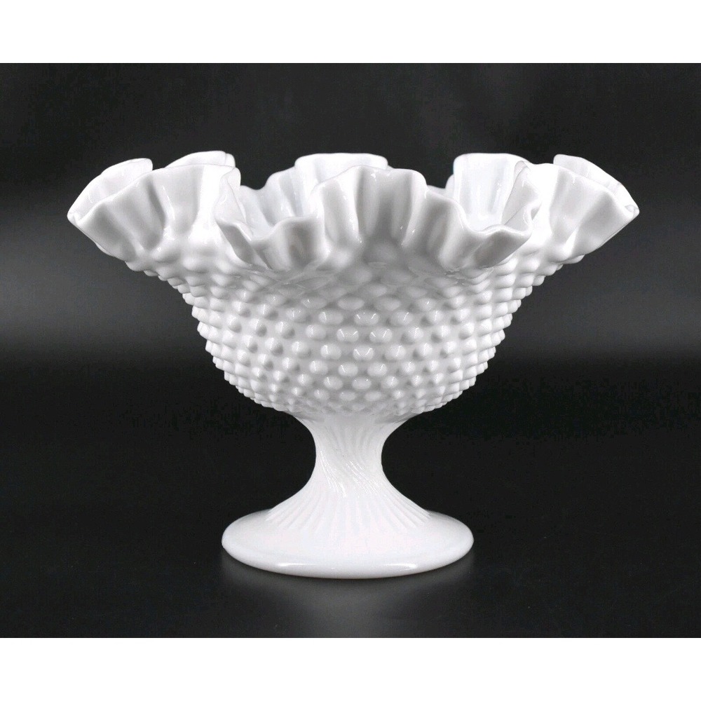 VINTAGE <1970 Fenton Milk Glass White Hobnail Footed Pedestal Candy Dish Ruffled